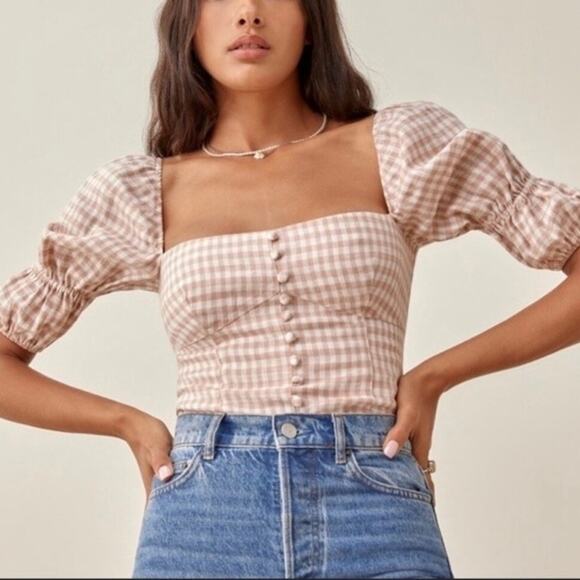 Reformation Women’s Norton Blush Pink White Gingham Linen Blouse Top Size 4 - Picture 1 of 13